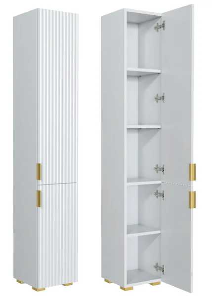 Szafka Łazienkowa Biała Ryflowany Front 175 cm Słupek Biały Regał Mat BL201