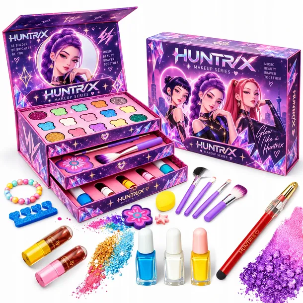 DUŻY KOMPLET MAKE-UP HUNTRIX KUFEREK XXL DO MAKIJAŻU 30EL. OZDOBY LAKIER PAZNOKCIE