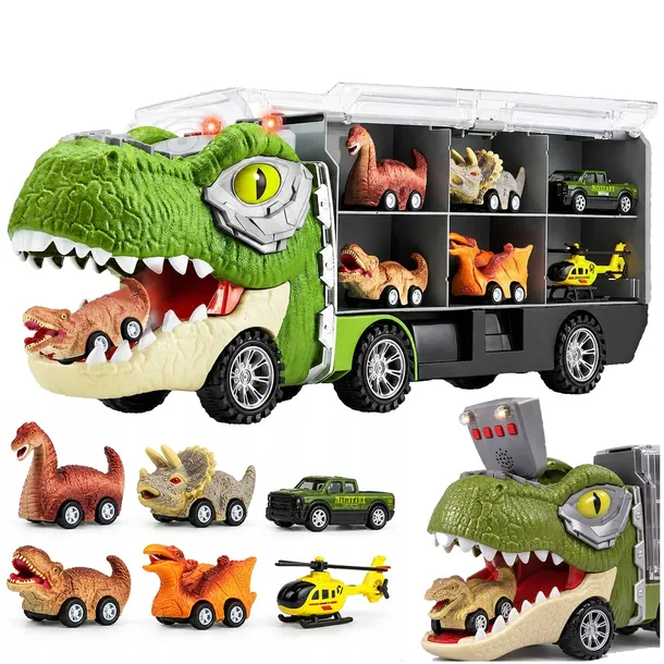 Ciężarówka Dinozaur T-Rex Laweta Transporter 6 Autek Napęd Światło Dźwięk
