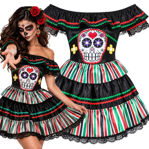 STRÓJ MEKSYKANKI SUKIENKA MEKSYKAŃSKA CZASZKA COCO HALLOWEEN 152 164 XS S