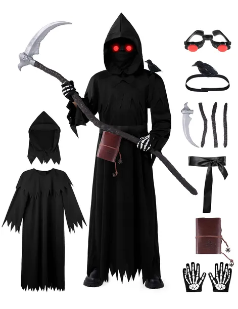 KOSTIUM ŚMIERĆ ŻNIWIARZ HALLOWEEN DZIECI SZATA KOSA ŚWIECĄCE OKULARY