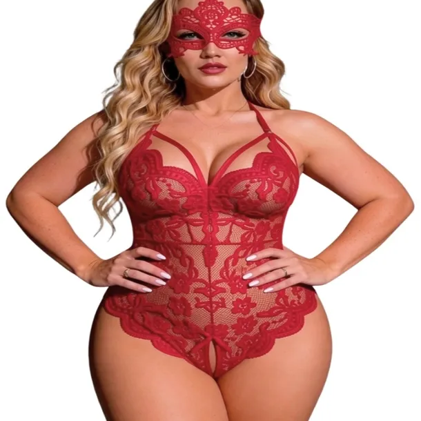 Czerwone Seksowne Body Komplet Plus Size Bielizna Damska Maska na Noc