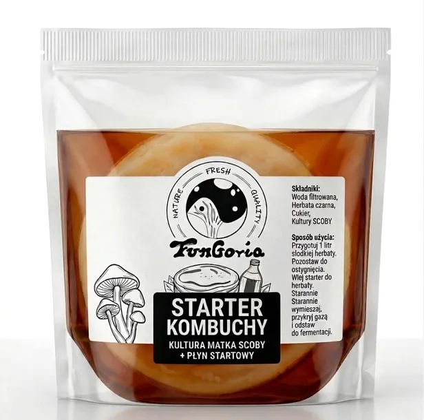 Zestaw Startowy do Kombuchy: Grzybek herbaciany SCOBY + Płyn Starterowy (KOMBUCHA STARTER)