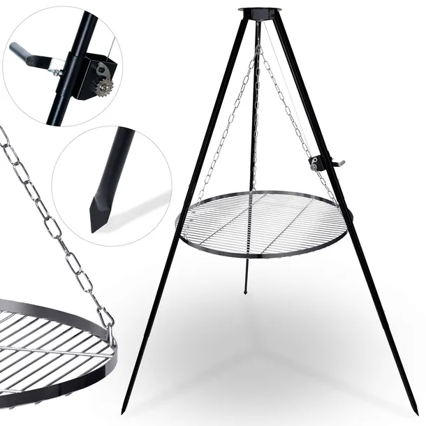 GRILL TRÓJNÓG 80CM NA OGNISKO OGRODOWY WISZĄCY RUSZT STALOWY STABILNY