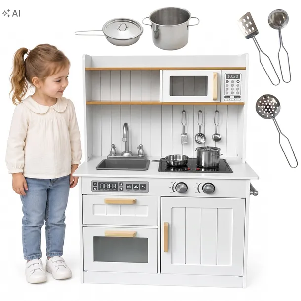 Klasyczna Drewniana Kuchnia dla Dzieci KiddieCookery Biała + AKCESORIA