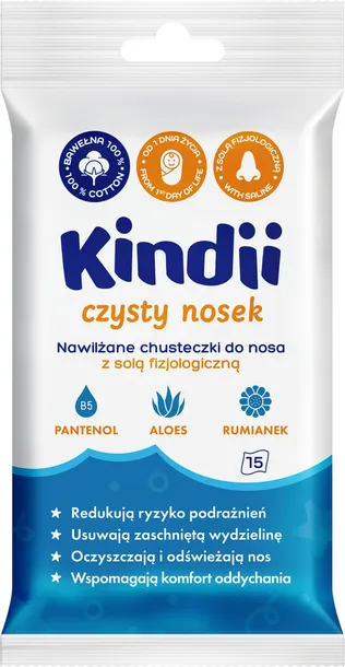 Kindii Czysty Nosek nawilżane chusteczki do nosa z solą fizjologiczną 15szt