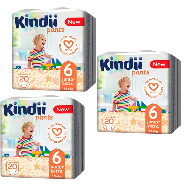 Kindii Pieluchomajtki chłonne junior extra rozmiar 6 (15+ kg) 20 sztuk x 3