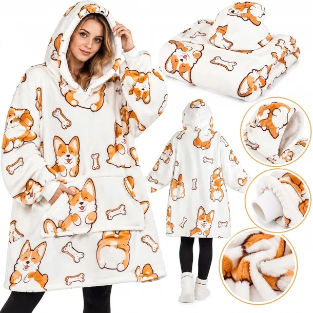 KOC BLUZA Oversize Gruba KOCOBLUZA 2w1 Wzór PIESKI CORGI Futrzak Bluzo Koc