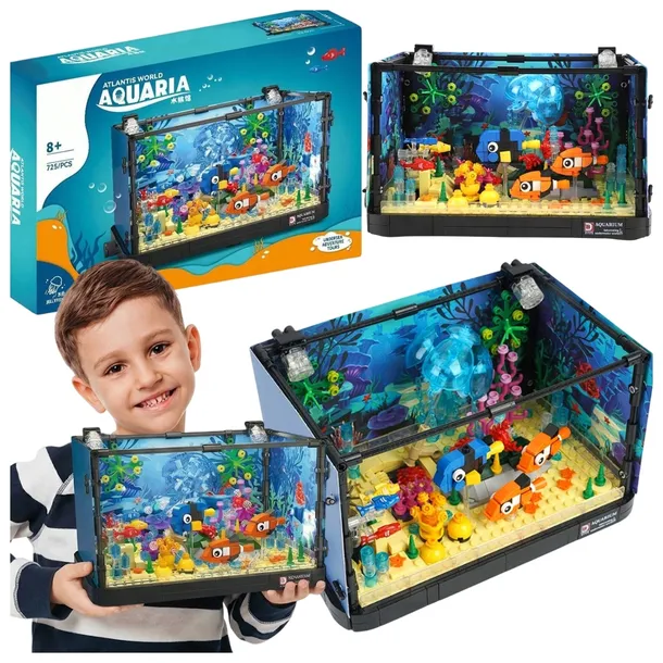 ZESTAW KLOCKI KONSTRUKCYJNE KOLOROWE AKWARIUM LED 725EL ROŚLINY RYBY MEDUZA
