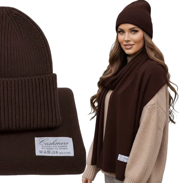 Komplet modny brązowy czapka szalik wełna wiskoza kaszmir wełniany Cashmere