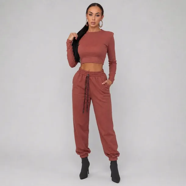 [r. M/L] Komplet damski La Milla top w prążki spodnie pumpy jasna cegła