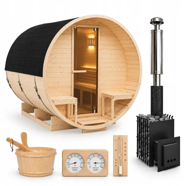 Sauna ogrodowa beczka 220x240cm + piec na drewno