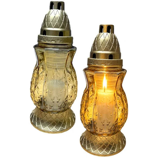 Znicz Lampion Szklany na Grób złoty listki Barved Glass duży 26cm + wkład