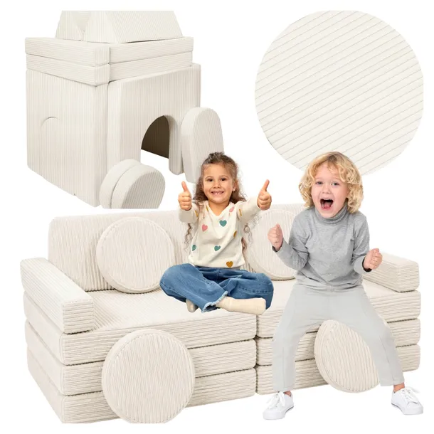 SOFA MODUŁOWA DLA DZIECKA SAMOCHÓD Z KIEROWNICĄ BEŻ SZTRUKS PIANKOWA KLOCKI