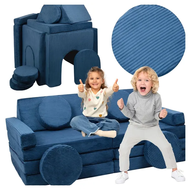 Sofa Velinda klocki piankowe z kierownicą 75 x 140 cm sztruks niebieski