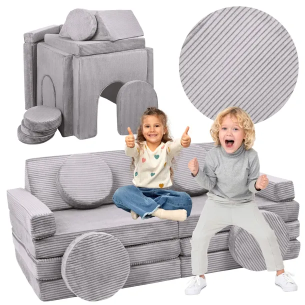 Sofa modułowa dla dziecka samochód z kierownicą szary sztruks piankowa