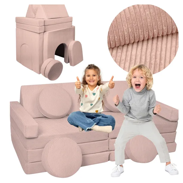 SOFA MODUŁOWA DLA DZIECKA SAMOCHÓD Z KIEROWNICĄ RÓŻ SZTRUKS PIANKOWA KLOCKI