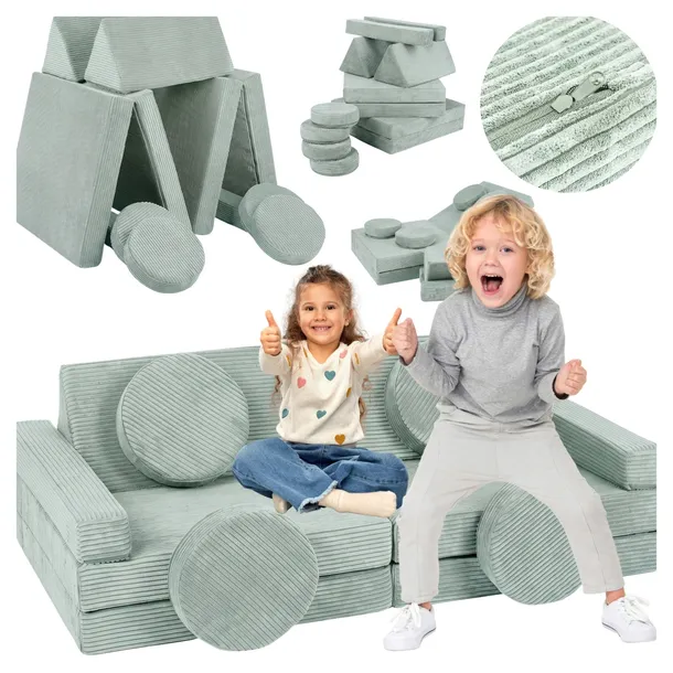 Sofa modułowa dla dzieci Velinda, zielona sztruks, funkcja spania