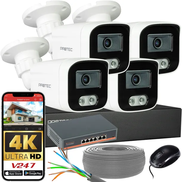 Zestaw Do Monitoringu 4 Kamery IP 8Mpx Switch PoE Detekcja Ludzi bez HDD