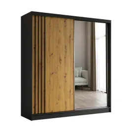 szafa-dwudrzwiowa-z-lustrem-i-lamelami-200-cm-czarna-dab-artisan-nela200