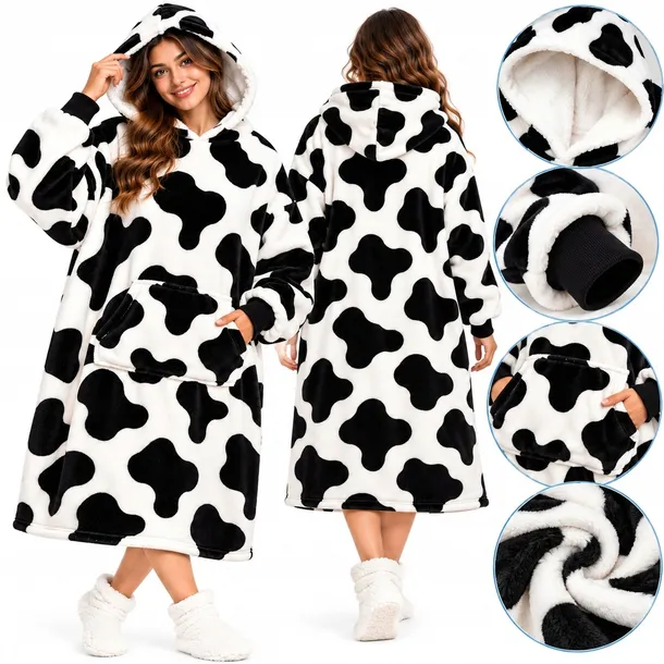 Koc Bluza Oversize z Kapturem Ciepła Gruba Duża Futrzak Długa Kocobluza XXL