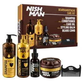 nishman-zestaw-beard-and-mustache-szampon-odzywka-olejek-balsam-grzebien
