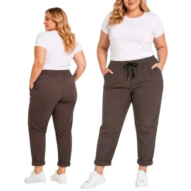 Spodnie gnieciuchy lycra gumy wysoki kieszenie czekolada 48 50 4xl 5xl G1