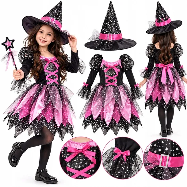 STRÓJ CZAROWNICY WIEDŹMY DZIECIĘCY 120-130 HALLOWEEN SUKIENKA + KAPELUSZ