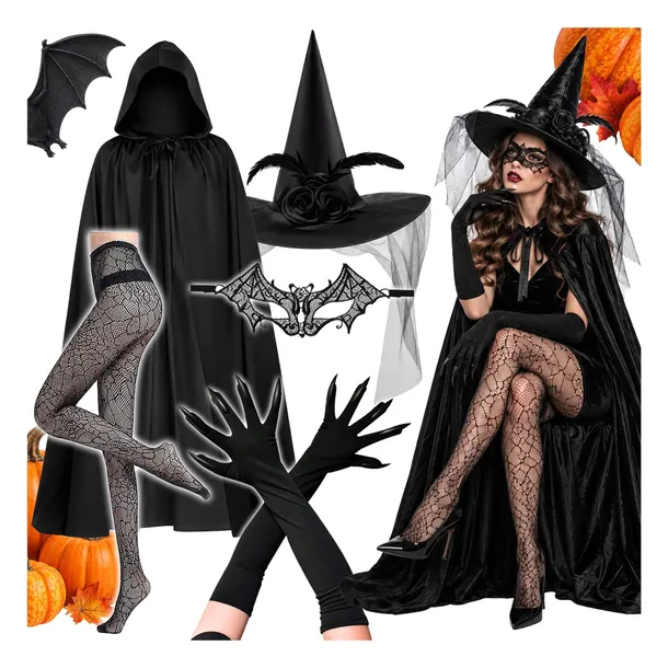 KOSTIUM CZAROWNICY WIEDŹMY HALLOWEEN STRÓJ ZESTAW KAPELUSZ PELERYNA MASKA