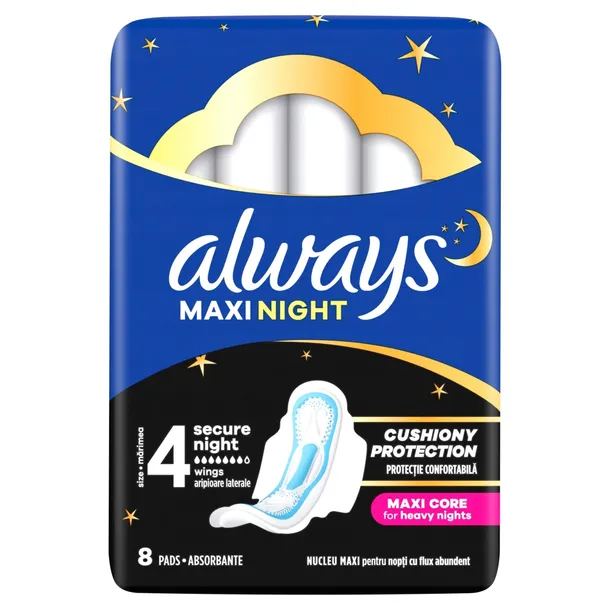 Always Maxi Night Podpaski Higieniczne Na Noc Ze Skrzydełkami 8 szt.