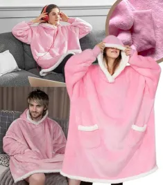 bluzokoc-rozowy-ponczo-bluza-z-kapturem-kieszen-polar-w-gwiazdki-oversize-1