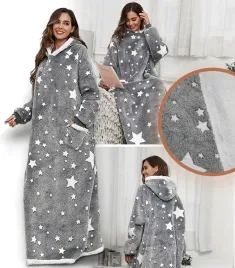bluzokoc-szary-w-gwiazdki-ponczo-bluza-z-kapturem-kieszen-dlugi-polar-overs
