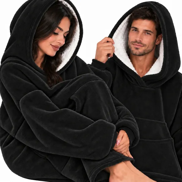 DUŻA KOCOBLUZA OVERSIZE GRUBA MIĘKKA KOC BLUZA Z KAPTUREM SZLAFROK CZARNA
