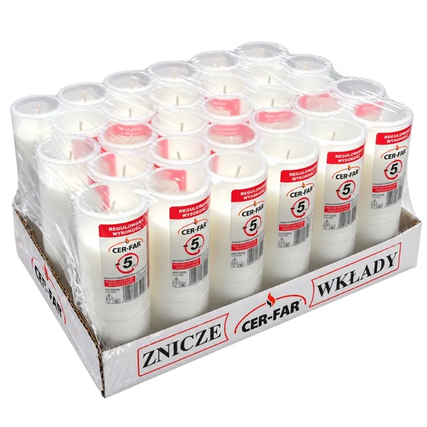 Cer-Far Lux 5 Wkład do Zniczy Parafinowy Regulowany 18cm-26cm 5 Dni 30 Sztuk