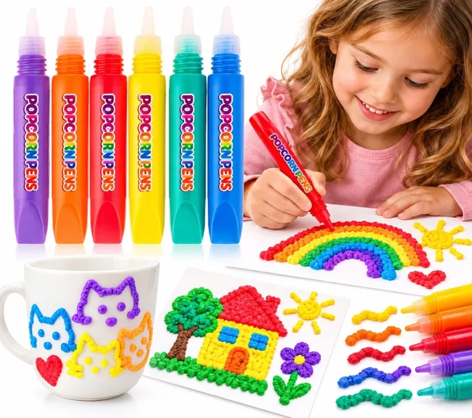 MARKERY 3D POPCORN PENS PUCHNĄCE FLAMASTRY 6 KOLORÓW EFEKT 3D ZESTAW
