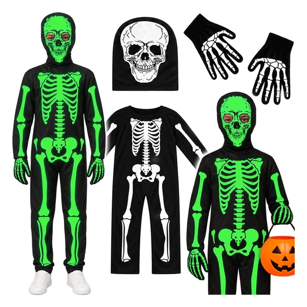STRÓJ KOŚCIOTRUP KOSTIUM ŚWIECĄCY SZKIELET NA HALLOWEEN BAL 122 128 134