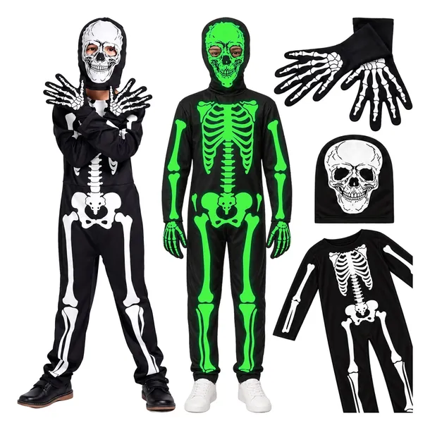 STRÓJ KOŚCIOTRUP KOSTIUM ŚWIECĄCY SZKIELET NA HALLOWEEN BAL 110 116 122