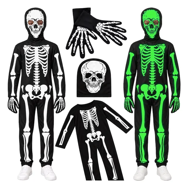 STRÓJ KOŚCIOTRUP KOSTIUM ŚWIECĄCY SZKIELET NA HALLOWEEN BAL 122 128 134