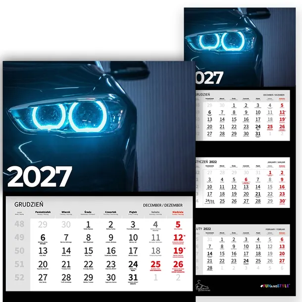 KALENDARZ TRÓJDZIELNY 2027 ŚCIENNY MIX WZORY DO WYBORU AUTA DLA MECHANIKA