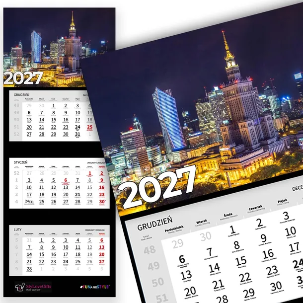 KALENDARZ TRÓJDZIELNY ROK 2027 WARSZAWA NOCĄ ŚCIENNY Z OKIENKIEM NA ŚCIANĘ