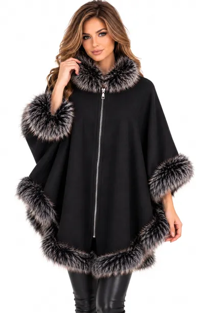 Ponczo Damskie LUX z Eko Futrem Czarne Eleganckie SISI Moda Polski Produkt