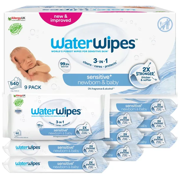 Chusteczki WaterWipes Biodegradowalne Nawilżane Wodne Dla Dzieci 9x60 Sztuk