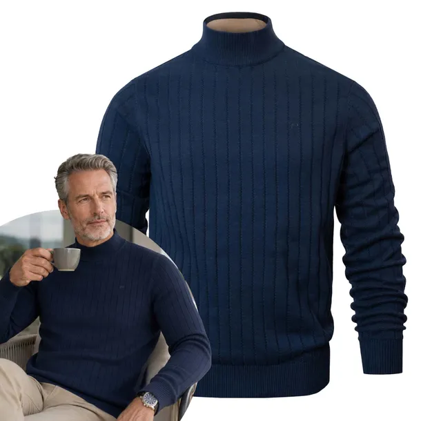 Elegancki SWETER Męski PÓŁGOLF Bawełniany Prążkowany GRANATOWY Pako Jeans E