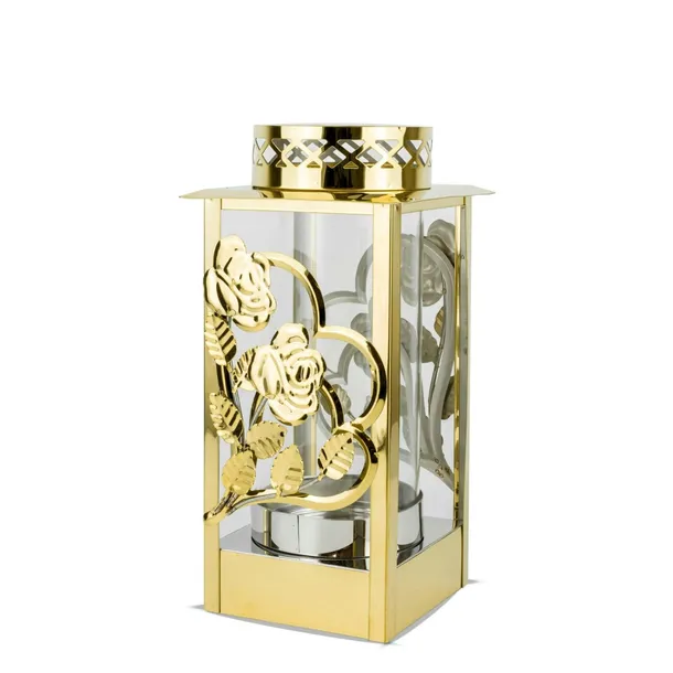 Znicz Elegancki Latarnia 26 cm Złoty Znicz Metalowy na Cmentarz ze Szkłem