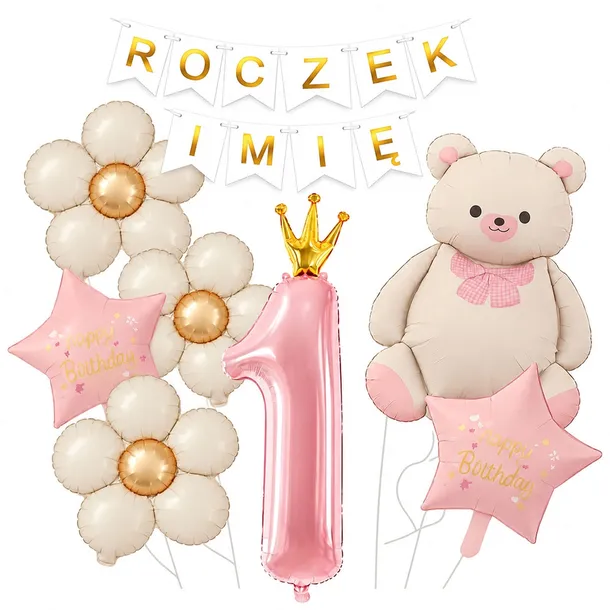BALONY DEKORACJE ŚCIANKA ZESTAW BALONÓW NA ROCZEK 1 URODZINY MIŚ 8 SZT