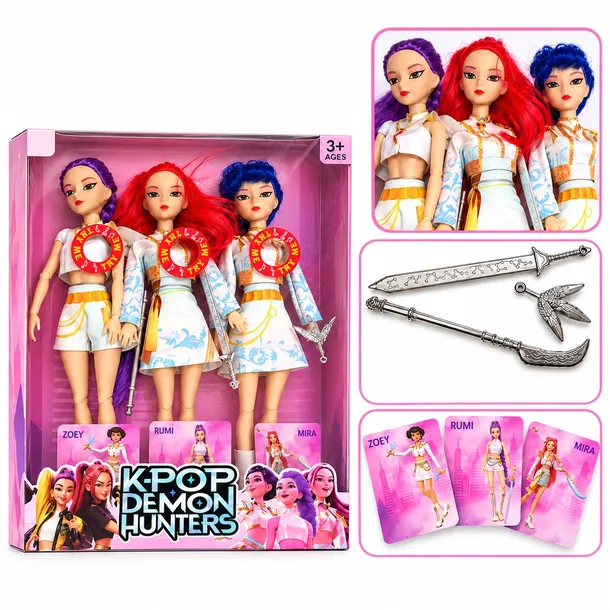 Zestaw 3 Lalek K-POP Demon Huntrix Grające Ruchome Lalki Akcesoria Karty 3+