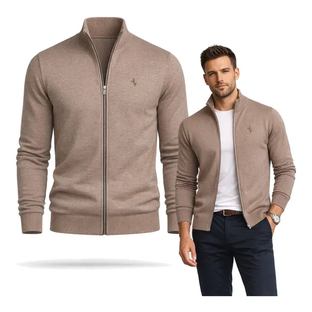 Sweter męski rozpinany z stójką i na suwak bawełniany brązowy XL