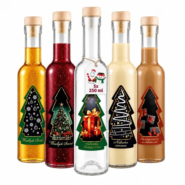 5x Butelka FUTURA 250ml + ETYKIETA CHOINKA butelki na święta nalewki wino