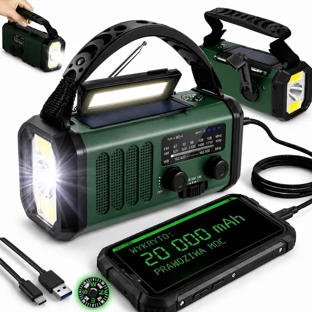 PRZENOŚNE RADIO 20000mAh NA KORBKĘ SOLARNE SOS BUDOWLANE LATARKA POWERBANK