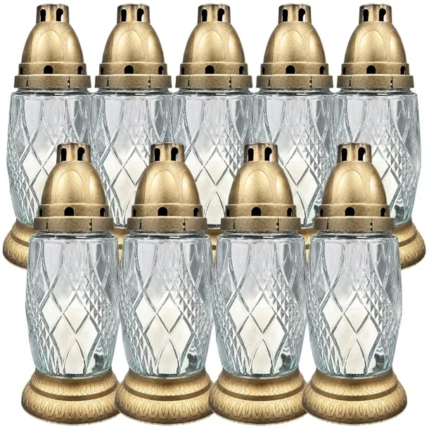 Znicz szklany Cer-Far Z-2502, kryształowa kratka, złoty, 24 cm, 9 szt.